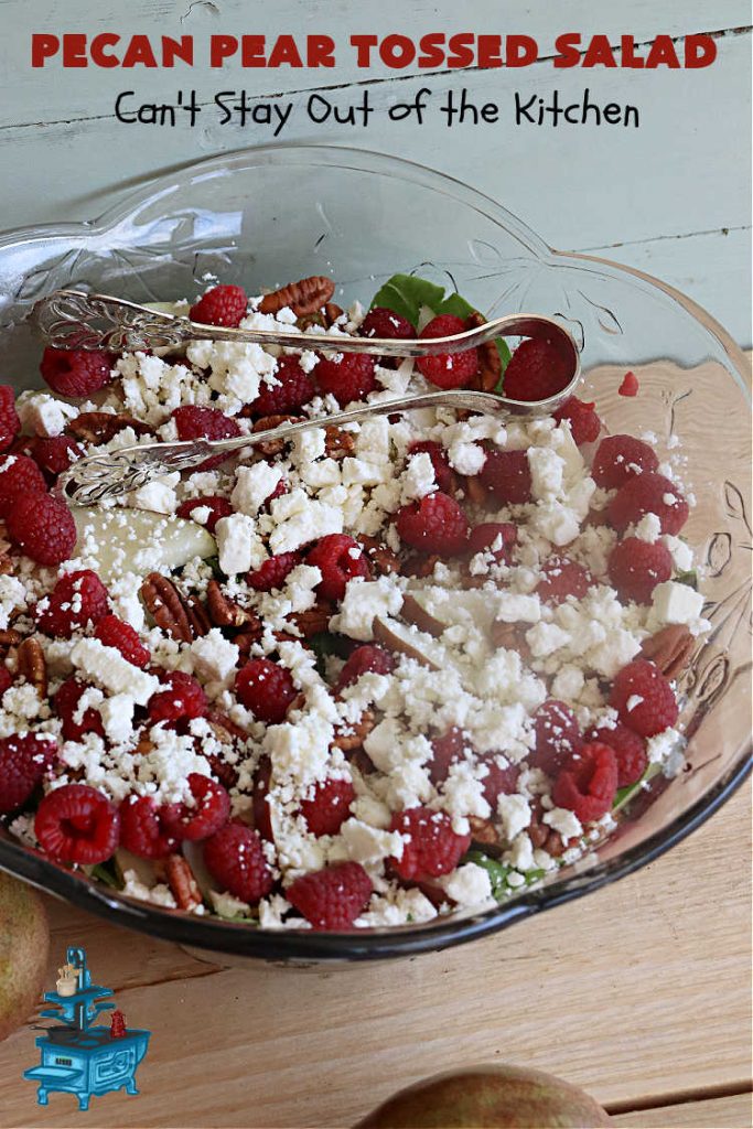 Pecan Pear Tossed Salad | Can't Stay Out of the Kitchen | this festive & elegant #TossedSaladWithFruit is marvelous to the taste buds. The #raspberries & #pears add sweetness & the #FetaCheese & toasted #pecans provide a savory crunchiness that balances the #salad wonderfully. It's so easy to whip up making it perfect for weeknight dinners, company meals or even #holidays. Your family will be captivated after just one bite! #TossedSalad #GlutenFree #PecanPearTossedSalad