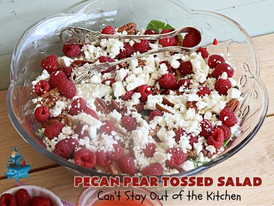 Pecan Pear Tossed Salad | Can't Stay Out of the Kitchen | this festive & elegant #TossedSaladWithFruit is marvelous to the taste buds. The #raspberries & #pears add sweetness & the #FetaCheese & toasted #pecans provide a savory crunchiness that balances the #salad wonderfully. It's so easy to whip up making it perfect for weeknight dinners, company meals or even #holidays. Your family will be captivated after just one bite! #TossedSalad #GlutenFree #PecanPearTossedSalad