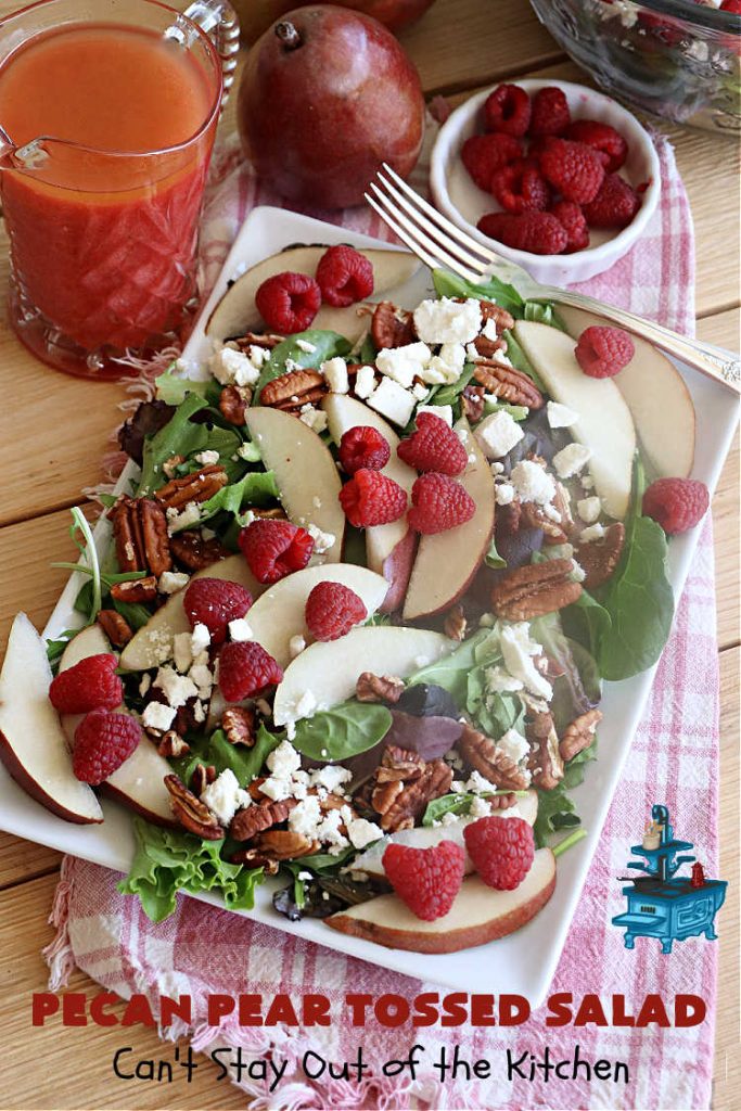 Pecan Pear Tossed Salad | Can't Stay Out of the Kitchen | this festive & elegant #TossedSaladWithFruit is marvelous to the taste buds. The #raspberries & #pears add sweetness & the #FetaCheese & toasted #pecans provide a savory crunchiness that balances the #salad wonderfully. It's so easy to whip up making it perfect for weeknight dinners, company meals or even #holidays. Your family will be captivated after just one bite! #TossedSalad #GlutenFree #PecanPearTossedSalad