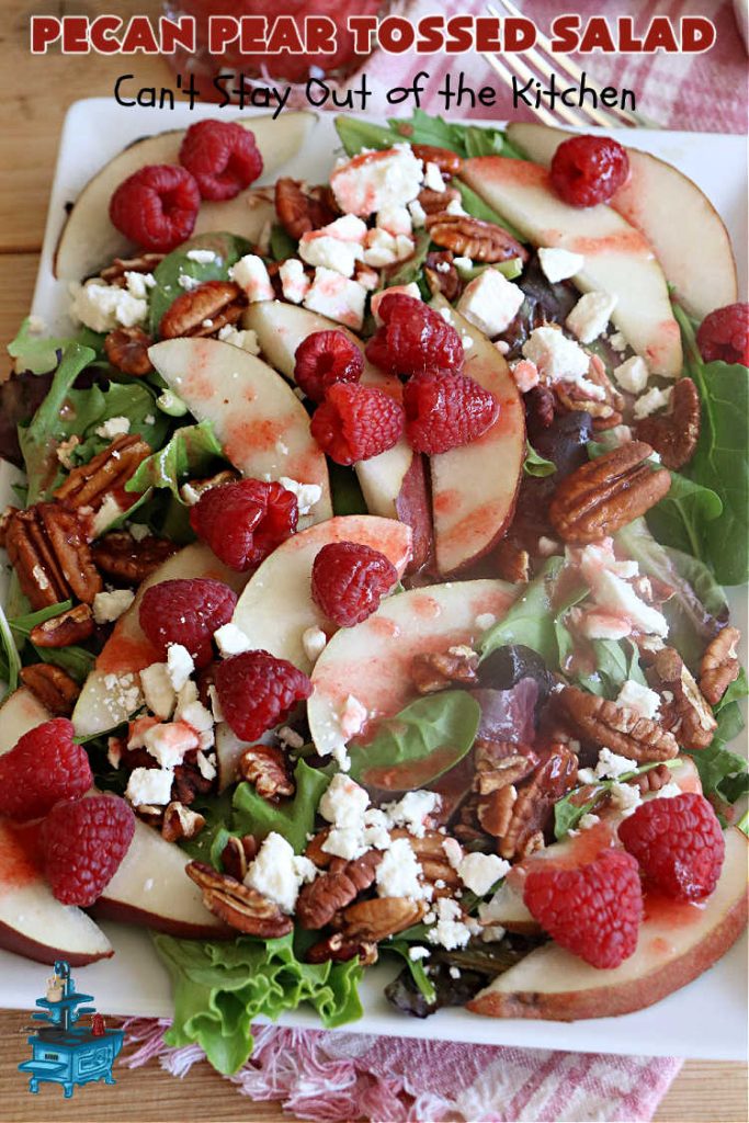 Pecan Pear Tossed Salad | Can't Stay Out of the Kitchen | this festive & elegant #TossedSaladWithFruit is marvelous to the taste buds. The #raspberries & #pears add sweetness & the #FetaCheese & toasted #pecans provide a savory crunchiness that balances the #salad wonderfully. It's so easy to whip up making it perfect for weeknight dinners, company meals or even #holidays. Your family will be captivated after just one bite! #TossedSalad #GlutenFree #PecanPearTossedSalad