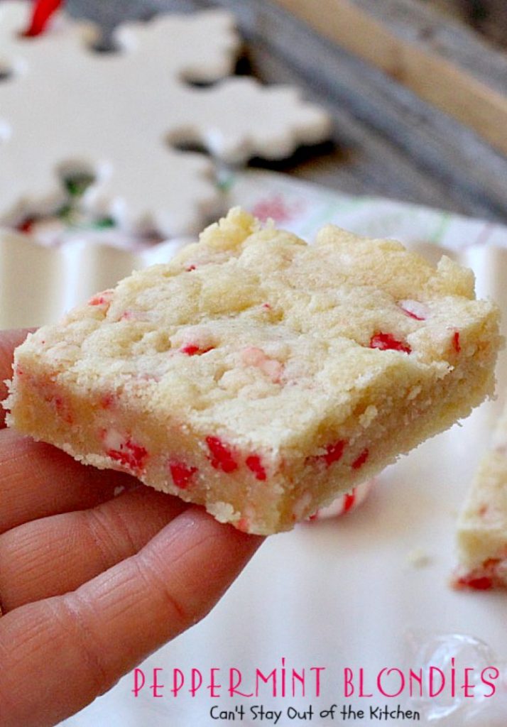 Peppermint Blondies | Can't Stay Out of the Kitchen | these amazing shortbread-type #cookies have #Andes #peppermint crunch baking chips. Fabulous for a #holiday #dessert.