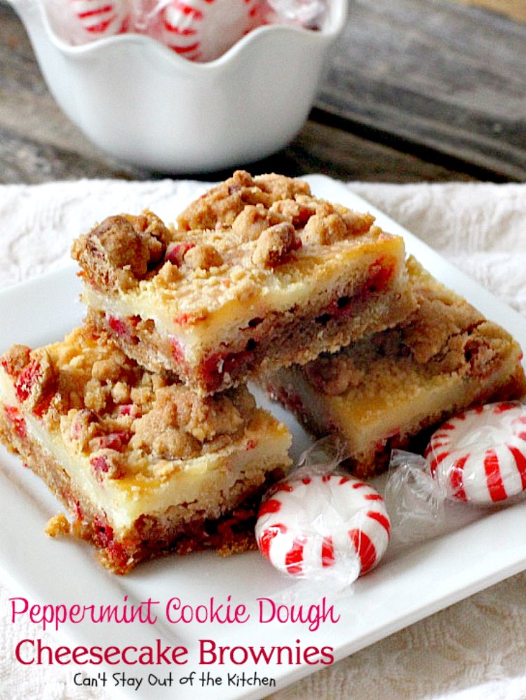 Peppermint Cookie Dough Cheesecake Brownies | Can't Stay Out of the Kitchen | these luscious #brownies are made with #Andes #peppermint baking chips & have a #cheesecake layer in the middle. Fantastic #dessert for the #holidays.