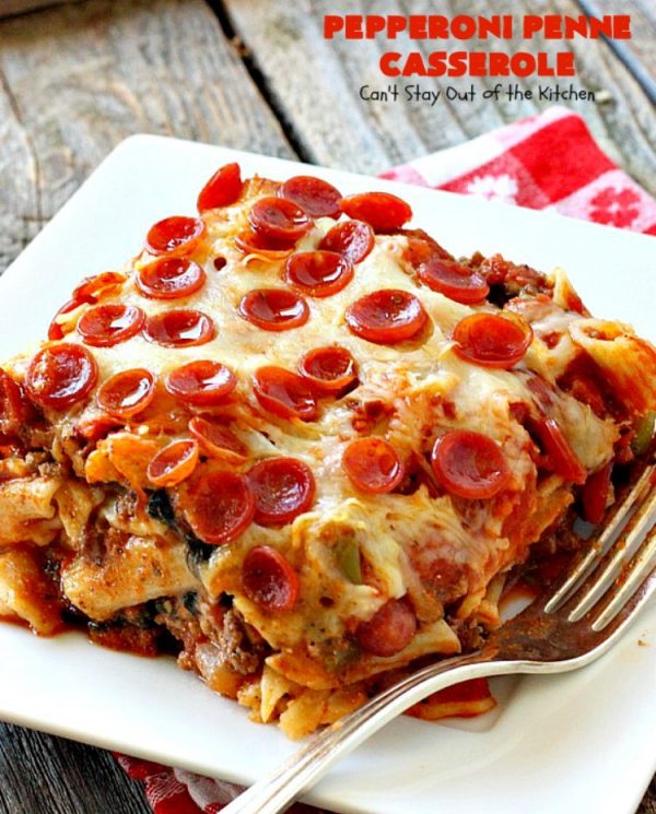 Pepperoni Penne Casserole | Can't Stay Out of the Kitchen | this terrific #pasta dish includes 3 cheeses, #spinach, #pepperoni & #glutenfree #pasta. Amazing flavors. #beef