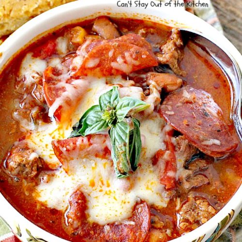 Pepperoni Pizza Chili | Can't Stay Out of the Kitchen | best #chili ever! This one combines #TexMex with #Italian for one incredible chili. #soup #glutenfree #pepperoni #mozzarellacheese #crockpot