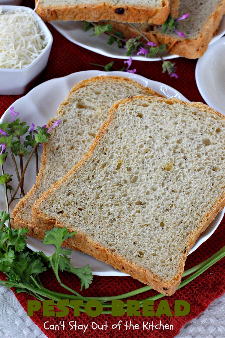 Pesto Bread | Can't Stay Out of the Kitchen | this tasty #HomemadeBread is heavenly. It has the flavors of #Pesto with #basil, #OliveOil, #ParmesanCheese & parsley. Plus, it's so easy to make since it's made in the #breadmaker. Terrific for #holiday or company menus. But it's a great dinner #bread to serve any time. #Thanksgiving #Christmas #Easter #Italian #ItalianDinnerBread