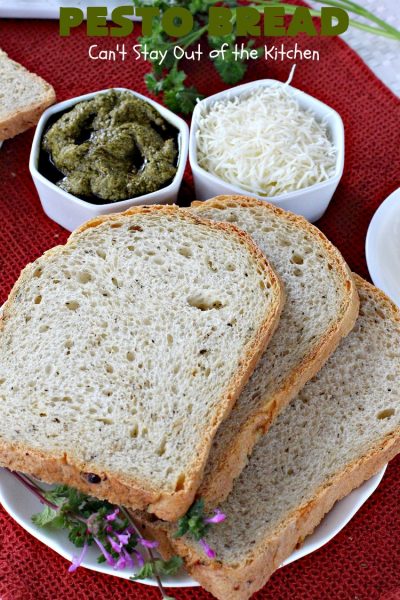 Pesto Bread | Can't Stay Out of the Kitchen | this tasty #HomemadeBread is heavenly. It has the flavors of #Pesto with #basil, #OliveOil, #ParmesanCheese & parsley. Plus, it's so easy to make since it's made in the #breadmaker. Terrific for #holiday or company menus. But it's a great dinner #bread to serve any time. #Thanksgiving #Christmas #Easter #Italian #ItalianDinnerBread