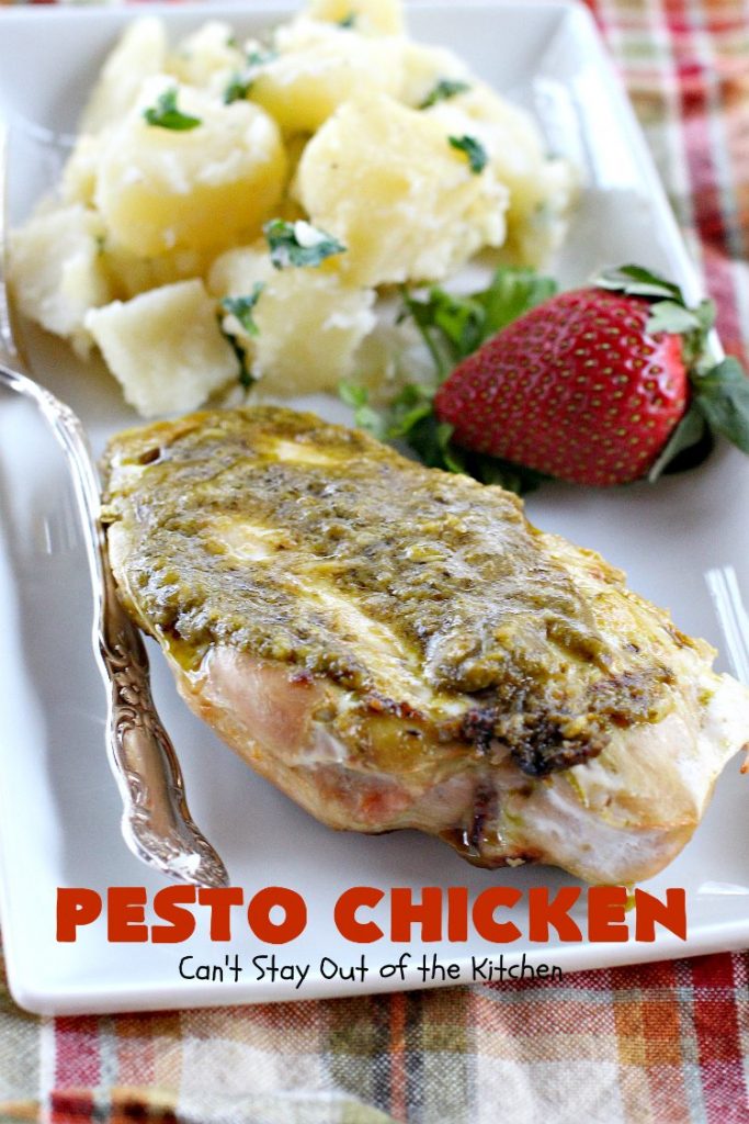 Pesto Chicken | Can't Stay Out of the Kitchen | mouthwatering 3-ingredient #chicken entree that's oven ready in 5 minutes. Terrific #recipe for family or company dinners. #pesto #parmesancheese #glutenfree