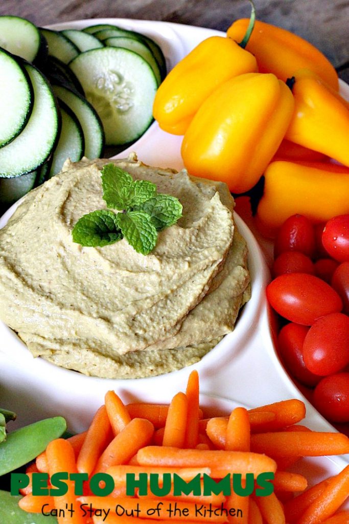 Pesto Hummus | Can't Stay Out of the Kitchen | this fantastic #hummus #recipe is filled with #pesto sauce, roasted #garlic & #garbanzobeans. It tastes so heavenly. It's a terrific #appetizer for company & great served with #veggie dippers. #LowCalorie #Healthy #GlutenFree #vegan #CleanEating
