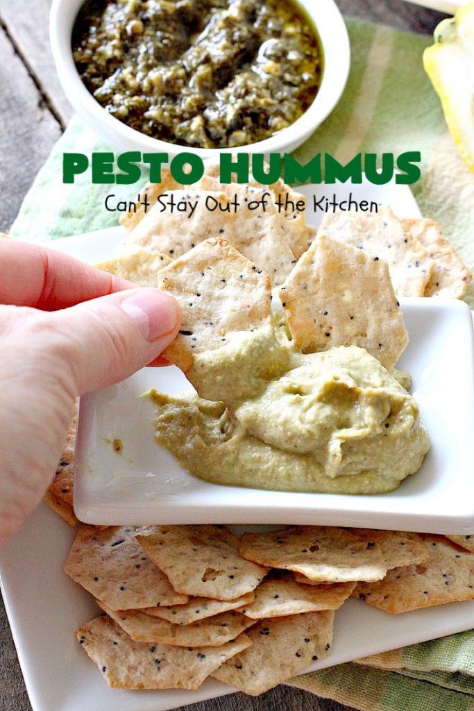 Pesto Hummus | Can't Stay Out of the Kitchen | this fantastic #hummus #recipe is filled with #pesto sauce, roasted #garlic & #garbanzobeans. It tastes so heavenly. It's a terrific #appetizer for company & great served with #veggie dippers. #LowCalorie #Healthy #GlutenFree #vegan #CleanEating
