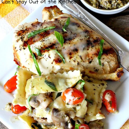 Pesto Ravioli with Chicken | Can't Stay Out of the Kitchen | Succulent & amazing #chicken #recipe with #pesto sauce, #ravioli #mushrooms, #tomatoes & #artichokes. Our company loved this entree. #cheese #parmesancheese #Italian