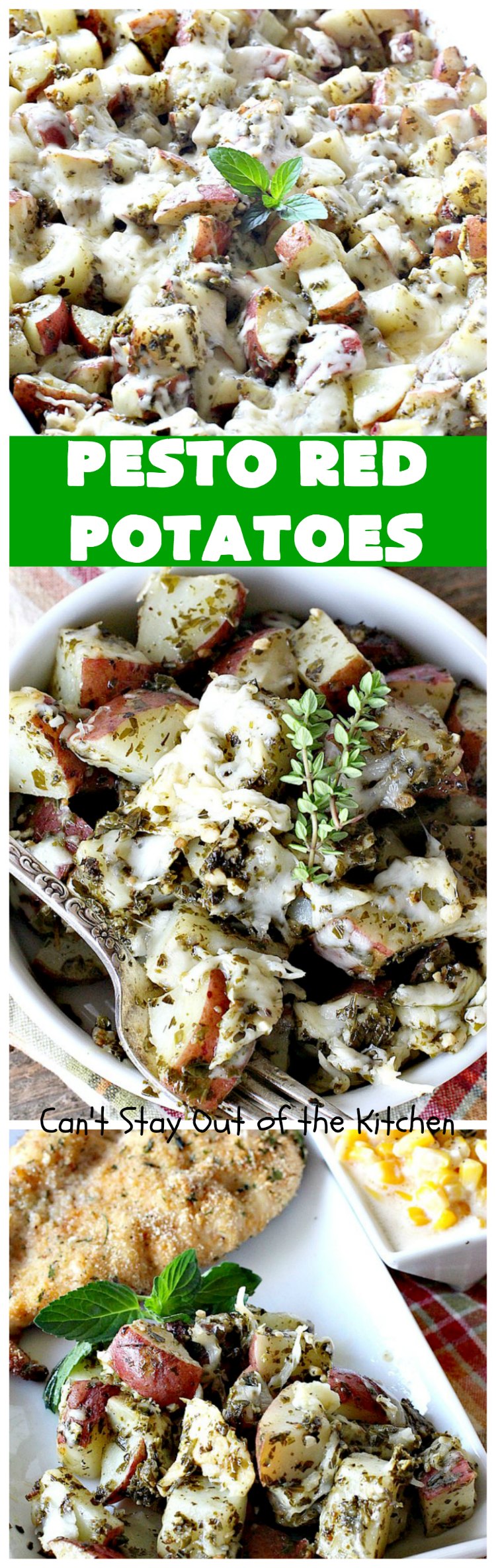Pesto Red Potatoes | Can't Stay Out of the Kitchen | This super easy 3-ingredient #recipe is absolutely mouthwatering. Our company raved over this #casserole. It's a terrific side dish for company or #holiday dinners like #MothersDay or #FathersDay. #pesto #parmesancheese #glutenfree