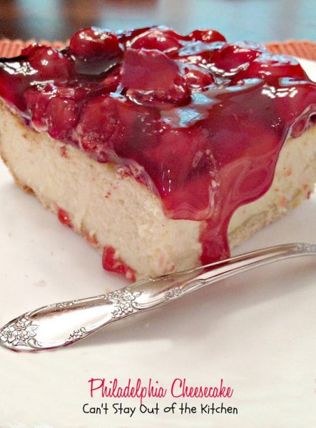 Philadelphia Cheesecake | Can't Stay Out of the Kitchen | rich, decadent #cheesecake with #cherrypiefilling on top. #dessert