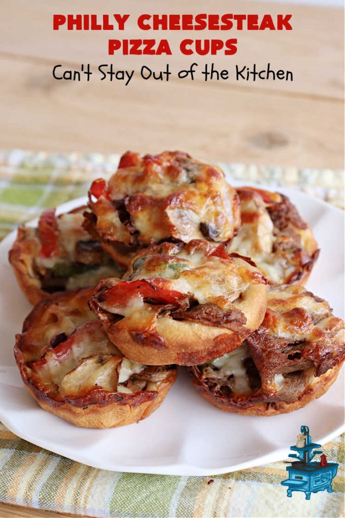 Philly Cheesesteak Pizza Cups | Can't Stay Out of the Kitchen | these fantastic #pizza cups are terrific for #tailgating parties, potlucks & even the #SuperBowl. If you enjoy miniature pizzas, you have to give this #PhillyCheesesteak version a try. This fantastic #appetizer will knock your socks off & will be enjoyed by your whole family! #SteakUmm #ProvoloneCheese #PhillyCheesesteakPizzaCups