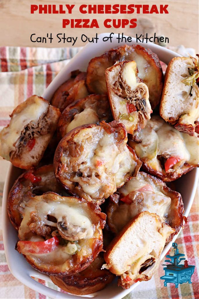 Philly Cheesesteak Pizza Cups | Can't Stay Out of the Kitchen | these fantastic #pizza cups are terrific for #tailgating parties, potlucks & even the #SuperBowl. If you enjoy miniature pizzas, you have to give this #PhillyCheesesteak version a try. This fantastic #appetizer will knock your socks off & will be enjoyed by your whole family! #SteakUmm #ProvoloneCheese #PhillyCheesesteakPizzaCups