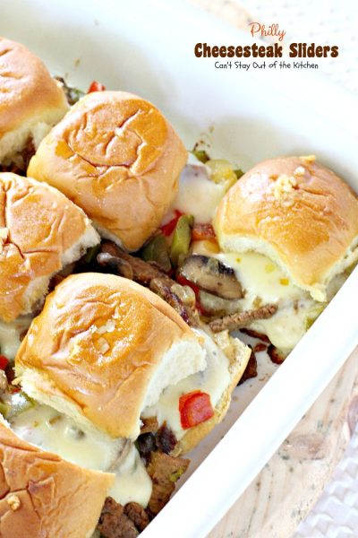 Philly Cheesecake Sliders | Can't Stay Out of the Kitchen | one of the most scrumptious #sliders you'll ever eat. Great for #tailgating parties or the #SuperBowl! These use #King'sHawaiianRolls.