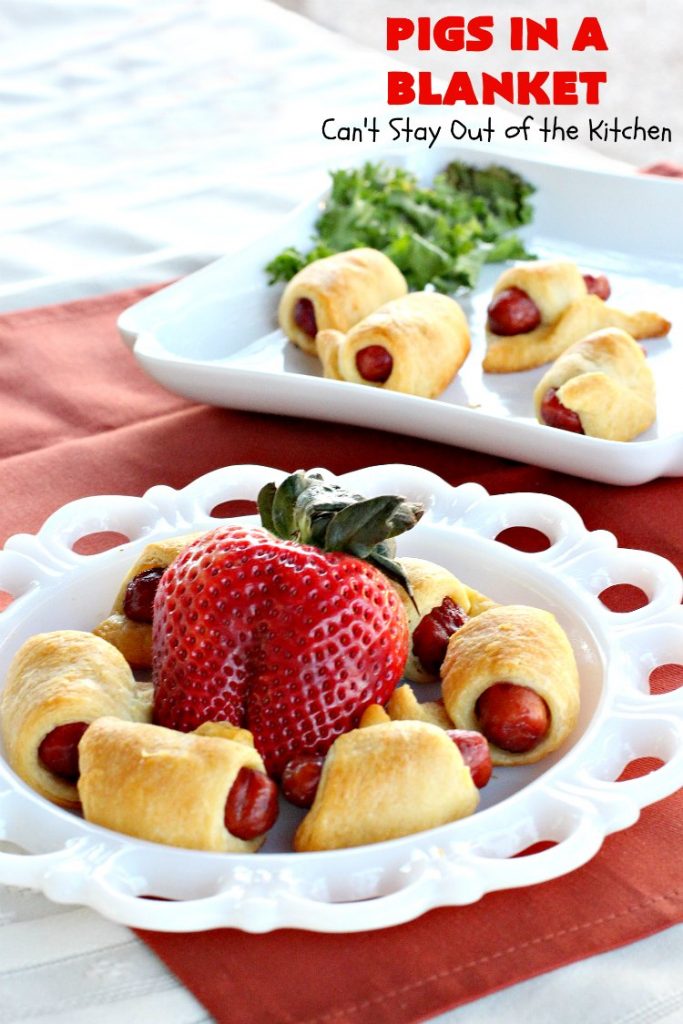 Pigs in a Blanket | Can't Stay Out of the Kitchen | this super easy 2-ingredient #recipe is perfect for a company or #holiday #breakfast. We also like to serve it as an #appetizer for #tailgating parties, potlucks, even the #SuperBowl! Everyone always loves this simple but delicious way to use #LilSmokies #CrescentRolls #Pillsbury #pork #EasyTailgatingAppetizer #sausages #EasyHolidayBreakfast