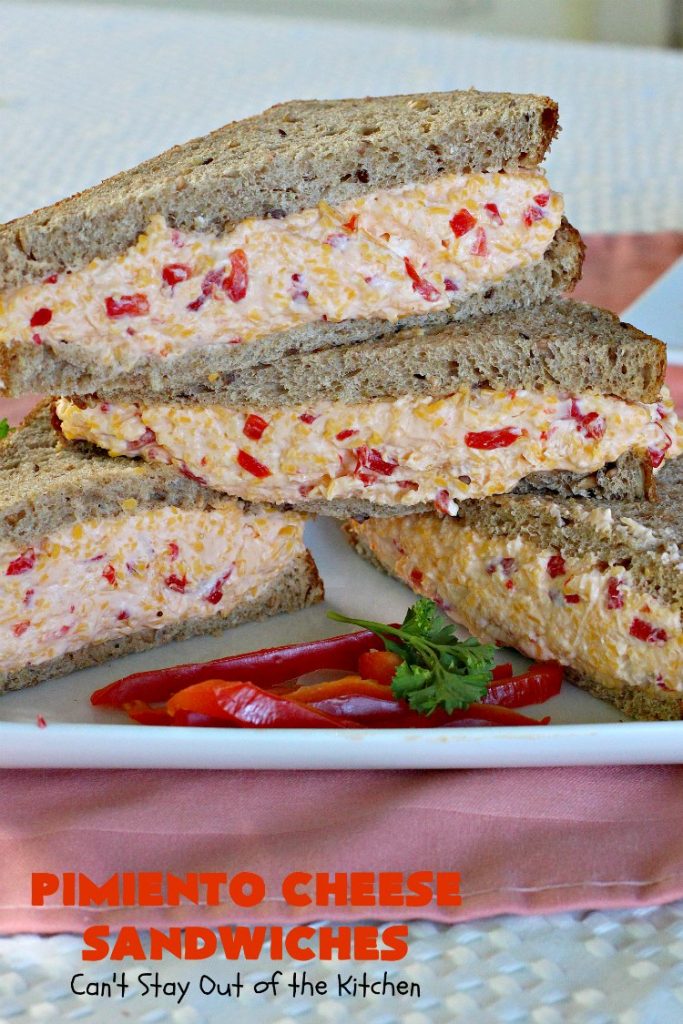 Pimiento Cheese Sandwiches | Can't Stay Out of the Kitchen | these #sandwiches have always been a family favorite because I use #CreamCheese. So delicious. #Pimientos #CheddarCheese #PimentoCheeseSandwiches 