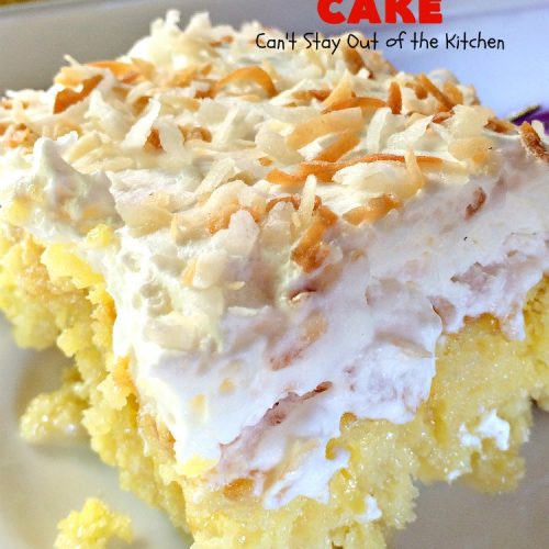 Pina Colada Cake | Can't Stay Out of the Kitchen | Best #PinaColada cake ever! This amazing #pokecake uses cream of coconut & sweetened condensed milk to make it exceptionally moist. It's terrific for potlucks, special occasions & #holidays.