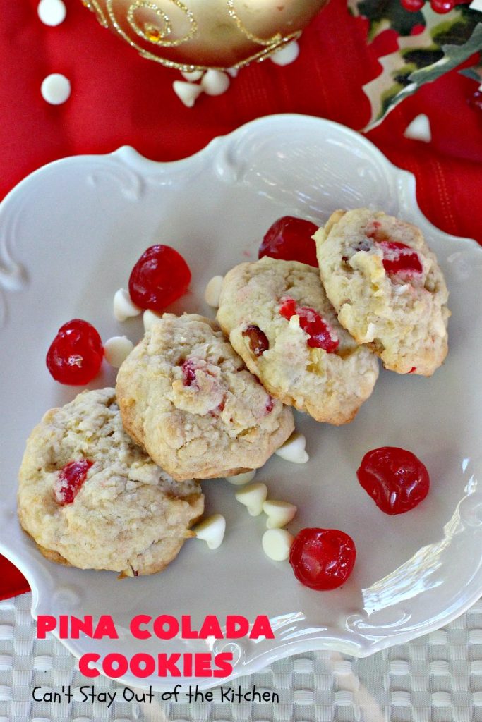 Pina Colada Cookies | Can't Stay Out of the Kitchen | these spectacular #Christmas #cookies have #pineapple, #coconut, #almonds, #candiedcherries & vanilla chips. They are out of this world good! Perfect for #holiday #baking & #ChristmasCookie Exchanges. #dessert #CherryDessert #PineappleDessert #PinaColada #ChristmasCookieExchange