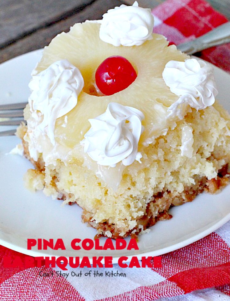 Pina Colada Earthquake Cake | Can't Stay Out of the Kitchen | best #cake ever! This heavenly #dessert is filled with #pineapple, #coconut, macadamia nuts & vanilla chips. #Creamcheese frosting bakes into the cake causing it to crater, erupt & explode in an earthquake! Perfect for #holidays or special occasions. 