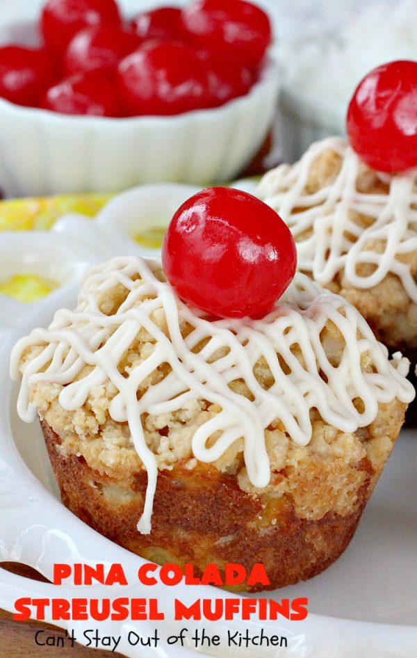 Pina Colada Streusel Muffins | Can't Stay Out of the Kitchen | Invite the Islands into your house for #Easter #Breakfast with these spectacular #muffins. They're filled with #Pineapple, #Coconut & #MacadamiaNuts for a rich, even decadent #BreakfastMuffin that you'll drool over! #Holiday #GreekYogurt #HolidayBreakfast #EasterBreakfast #MothersDayBreakfast #PinaColada #PinaColadaStreuselMuffins