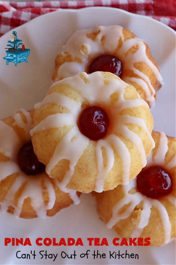 Pina Colada Tea Cakes | Can't Stay Out of the Kitchen | these scrumptious #TeaCakes are packed with #PinaColada flavor including a #Pineapple cake mix, pineapple gelatin, vanilla chips & #coconut. They're glazed with a luscious powdered sugar icing too. These miniature #Bundt #cakes are marvelous for #holiday or #Christmas baking. #HolidayDessert #PinaColadaDessert #PinaColadaTeaCakes