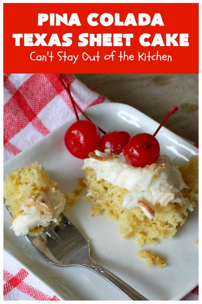 Pina Colada Texas Sheet Cake | Can't Stay Out of the Kitchen | This fantastic #cake is filled with #Pineapple & #coconut for fantastic #PinaColada flavors. The #CreamCheese icing is to die for! It's easy to make & terrific for a #holiday #dessert like #Christmas. #HolidayDessert #PineappleDessert #PinaColadaDessert #TexasSheetCake #PinaColadaTexasSheetCake