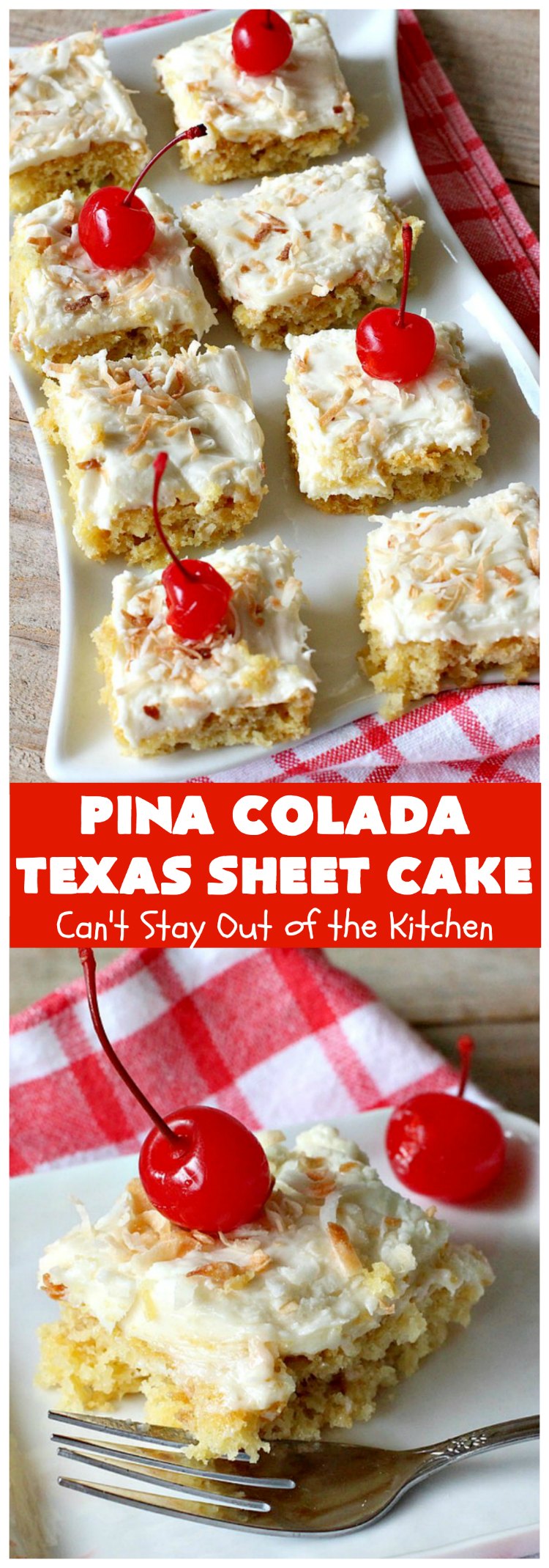 Pina Colada Texas Sheet Cake | Can't Stay Out of the Kitchen | This fantastic #cake is filled with #Pineapple & #coconut for fantastic #PinaColada flavors. The #CreamCheese icing is to die for! It's easy to make & terrific for a #holiday #dessert like #Christmas. #HolidayDessert #PineappleDessert #PinaColadaDessert #TexasSheetCake #PinaColadaTexasSheetCake