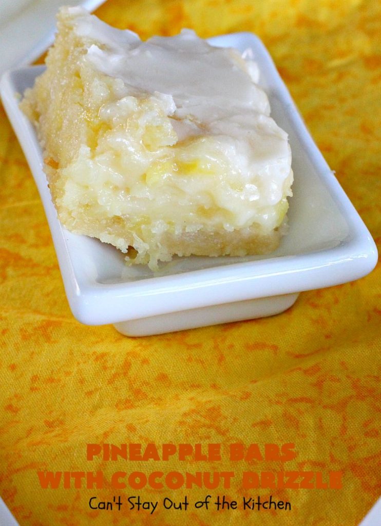 Pineapple Bars with Coconut Drizzle | these spectacular #dessert bars will have you absolutely drooling! They are heavenly and mouthwatering with a crust layer, #pineapple layer, #streusel layer & a #coconut glaze over top. Perfect for #holidays like #Easter or #MothersDay. #PineappleDessert #HolidayDessert #EasterDessert #MothersDayDessert #cookie #brownie #PineappleCookies #PinaColada #PinaColadaDessert