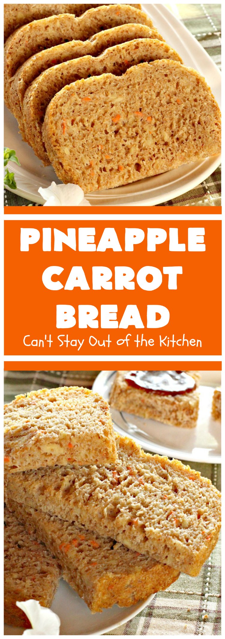Pineapple Carrot Bread | Can't Stay Out of the Kitchen | this delicious home-baked #bread is almost like eating #CarrotCake but in bread form. It's not as sweet, but it sure is a delicious an easy bread that's made in the #breadmaker. Wonderful as a dinner bread or to serve for #breakfast. #pineapple #carrots #PineappleCarrotBread