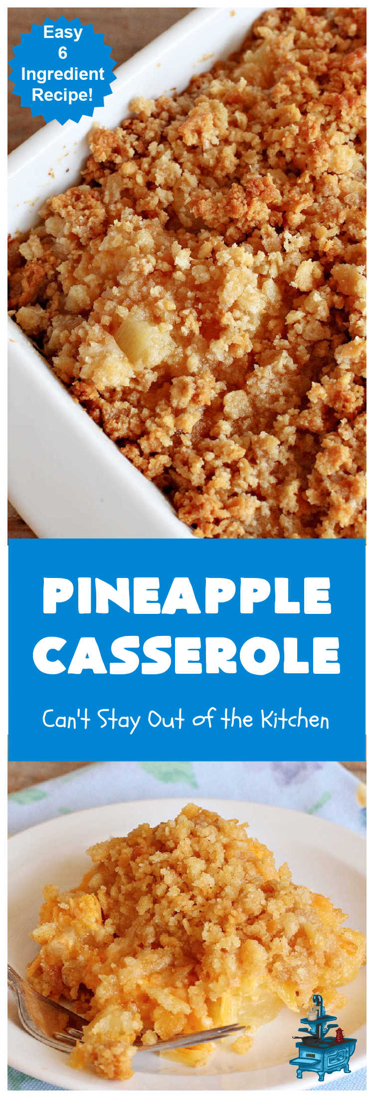 Pineapple Casserole | Can't Stay Out of the Kitchen | this spectacular deep-south #casserole is so mouthwatering it will rock your world! The combination of flavors with #pineapple #CheddarCheese & #RitzCrackers is absolutely irresistible. This is a great #casserole #SideDish for #holidays & company dinners like #Thanksgiving, #Christmas, #MothersDay, #FathersDay & special occasion dinners. Everyone loves this side dish & wants seconds! #Southern #6IngredientRecipe #BestPineappleCasserole #BestHolidaySideDish