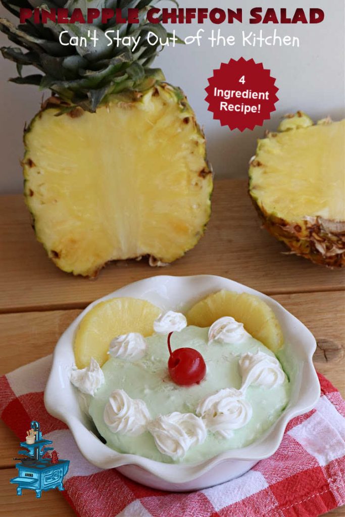 Pineapple Chiffon Salad | Can't Stay Out of the Kitchen | Enjoy a serving of this delicious vintage #recipe for #PineappleChiffonSalad. This #CongealedSalad uses ONLY 4 ingredients! It's so easy to whip up & perfect for summer #holidays, special occasions or any time you want #pineapple in your #salad. #Jello #CreamCheese #StPatricksDay