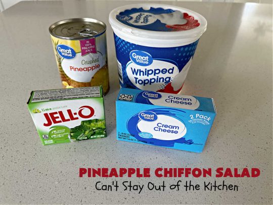 Pineapple Chiffon Salad | Can't Stay Out of the Kitchen | Enjoy a serving of this delicious vintage #recipe for #PineappleChiffonSalad. This #CongealedSalad uses ONLY 4 ingredients! It's so easy to whip up & perfect for summer #holidays, special occasions or any time you want #pineapple in your #salad. #Jello #CreamCheese #StPatricksDay