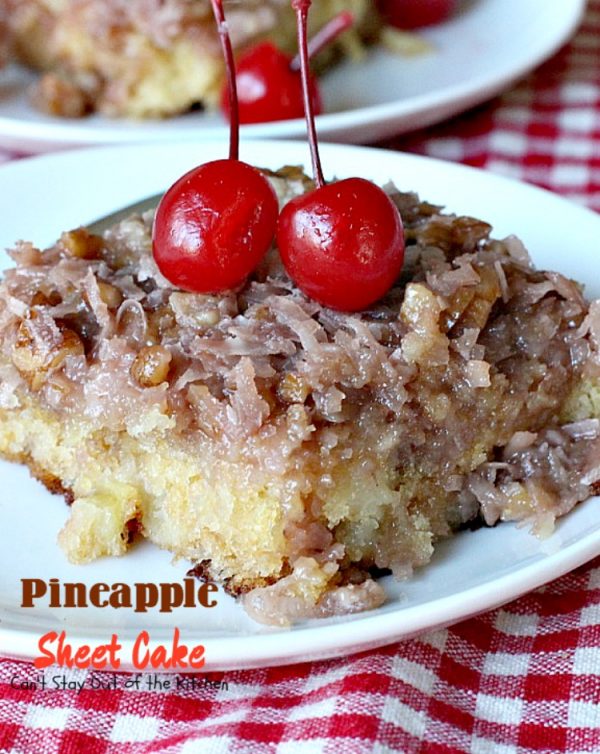 Pineapple Sheet Cake | Can't Stay Out of the Kitchen | delicious one-bowl #cake that's quick & easy & a family favorite. This one has a boiled #coconut & #pecan icing. #dessert #pineapple