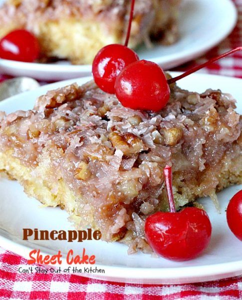 Pineapple Sheet Cake | Can't Stay Out of the Kitchen | delicious one-bowl #cake that's quick & easy & a family favorite. This one has a boiled #coconut & #pecan icing. #dessert #pineapple