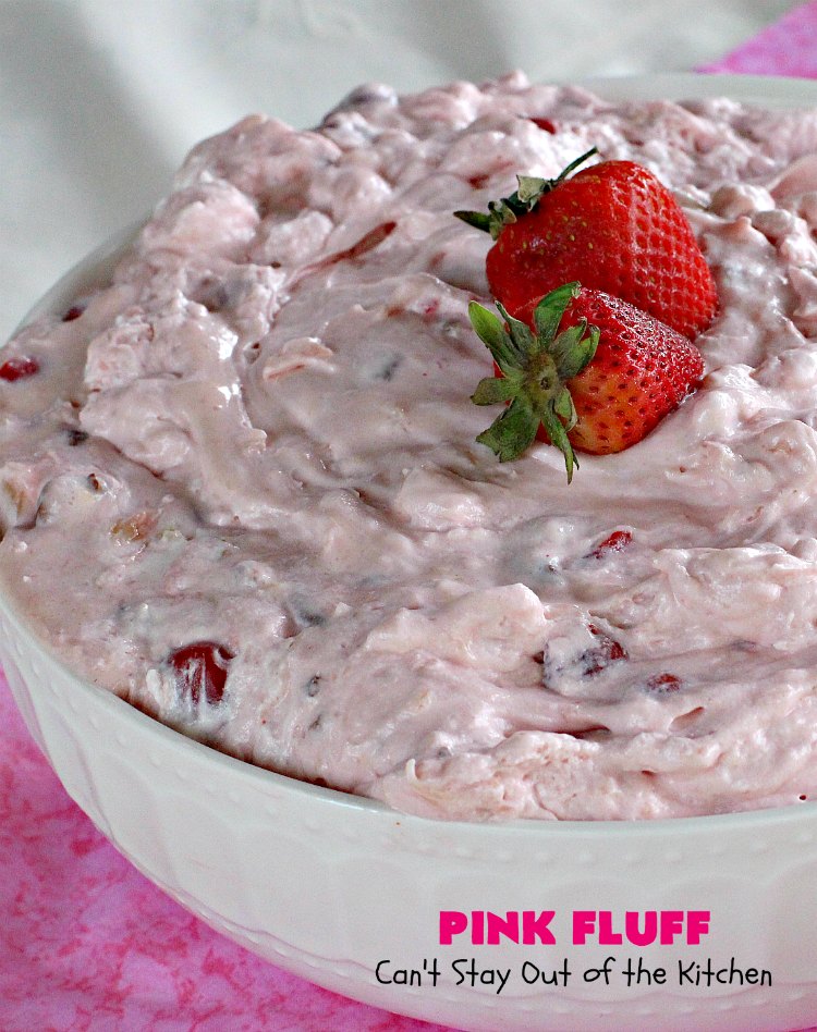Pink Fluff | Can't Stay Out of the Kitchen | the most divine #fruit #salad ever! It's almost like eating #dessert. This is also incredibly easy to make since it uses only 5 ingredients. #pineapple #cherrypiefilling #glutenfree