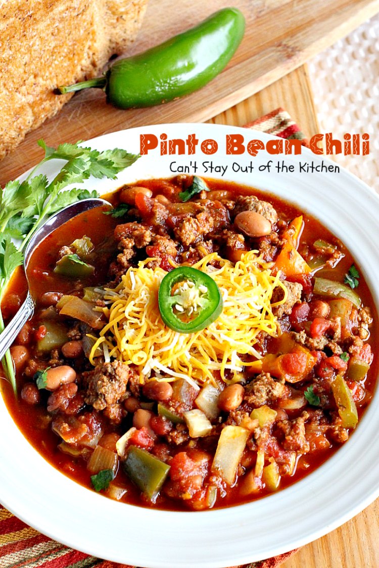 Pinto Bean Chili | Can't Stay Out of the Kitchen | fabulous hot & spicy #chili with 2 kinds of #beans & lots of veggies. #beef #glutenfree #cleaneating