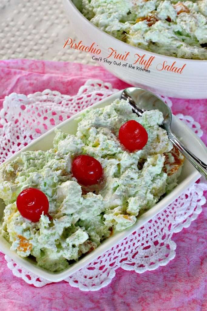 Pistachio Fruit Fluff Salad | Can't Stay Out of the Kitchen | Such a quick, easy and refreshing #fruitsalad for summer barbecues and #holidays. #fruit #salad