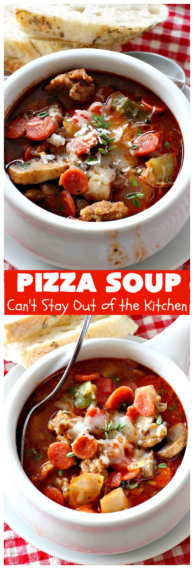 Pizza Soup | Can't Stay Out of the Kitchen | this easy 30-minute #soup is like eating your favorite #pepperoni or #Italian #sausage #pizza but in soup form! It's absolutely terrific. #GlutenFree #PizzaSoup