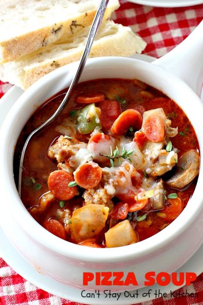 Pizza Soup | Can't Stay Out of the Kitchen | this easy 30-minute #soup is like eating your favorite #pepperoni or Italian #sausage #pizza but in soup form! It's absolutely terrific. #glutenfree