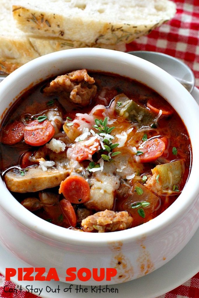 Pizza Soup | Can't Stay Out of the Kitchen | this easy 30-minute #soup is like eating your favorite #pepperoni or Italian #sausage #pizza but in soup form! It's absolutely terrific. #glutenfree