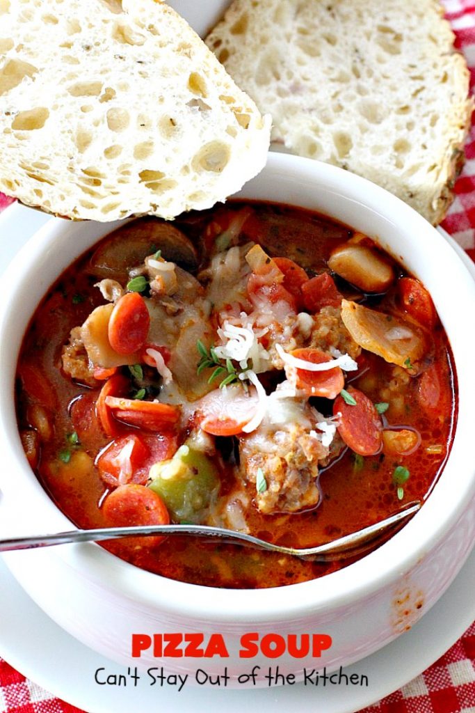 Pizza Soup | Can't Stay Out of the Kitchen | this easy 30-minute #soup is like eating your favorite #pepperoni or Italian #sausage #pizza but in soup form! It's absolutely terrific. #glutenfree