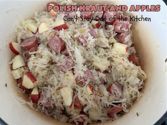 Polish Kraut and Apples | Can't Stay Out of the Kitchen | this quick & easy 6-ingredient #recipe can be whipped up in less than 30 minutes! It uses #beef #PolishSausage rather than pork, & #apples & #sauerkraut along with #CarawaySeeds. This vintage recipe is so flavorful & sumptuous it's sure to become a favorite. #Kielbasa #SmokedSausage #PolishKrautAndApples