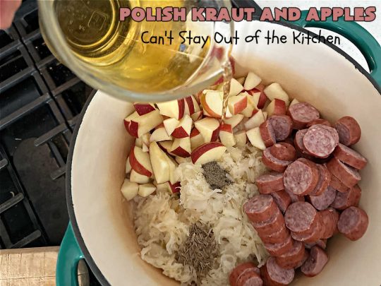 Polish Kraut and Apples | Can't Stay Out of the Kitchen | this quick & easy 6-ingredient #recipe can be whipped up in less than 30 minutes! It uses #beef #PolishSausage rather than pork, & #apples & #sauerkraut along with #CarawaySeeds. This vintage recipe is so flavorful & sumptuous it's sure to become a favorite. #Kielbasa #SmokedSausage #PolishKrautAndApples