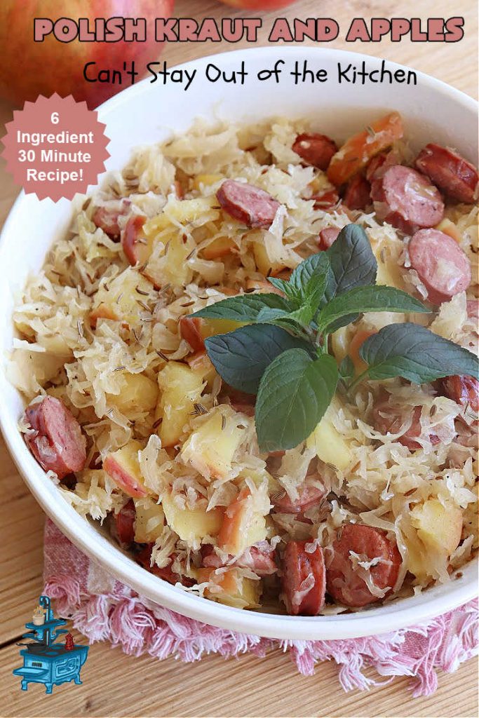 Polish Kraut and Apples | Can't Stay Out of the Kitchen | this quick & easy 6-ingredient #recipe can be whipped up in less than 30 minutes! It uses #beef #PolishSausage rather than pork, & #apples & #sauerkraut along with #CarawaySeeds. This vintage recipe is so flavorful & sumptuous it's sure to become a favorite. #Kielbasa #SmokedSausage #PolishKrautAndApples