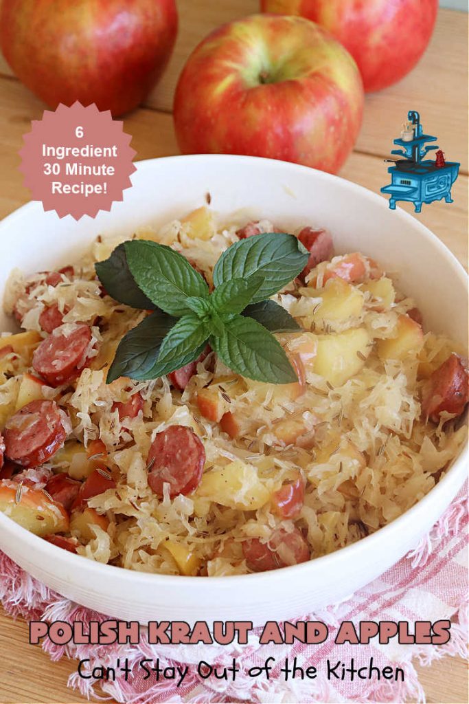 Polish Kraut and Apples | Can't Stay Out of the Kitchen | this quick & easy 6-ingredient #recipe can be whipped up in less than 30 minutes! It uses #beef #PolishSausage rather than pork, & #apples & #sauerkraut along with #CarawaySeeds. This vintage recipe is so flavorful & sumptuous it's sure to become a favorite. #Kielbasa #SmokedSausage #PolishKrautAndApples