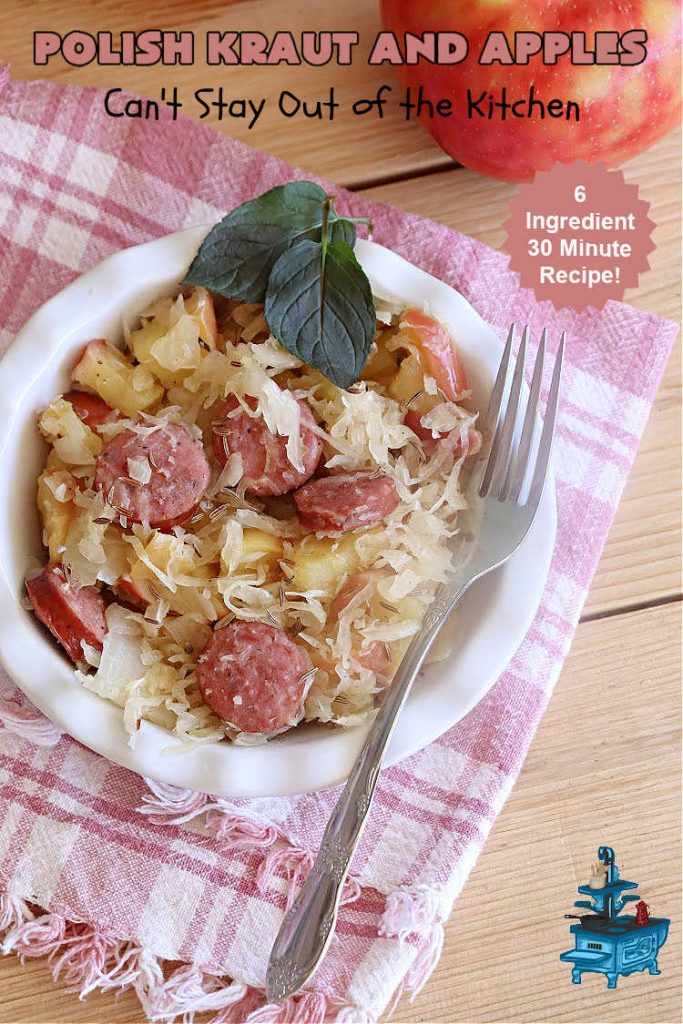 Polish Kraut and Apples | Can't Stay Out of the Kitchen | this quick & easy 6-ingredient #recipe can be whipped up in less than 30 minutes! It uses #beef #PolishSausage rather than pork, & #apples & #sauerkraut along with #CarawaySeeds. This vintage recipe is so flavorful & sumptuous it's sure to become a favorite. #Kielbasa #SmokedSausage #PolishKrautAndApples