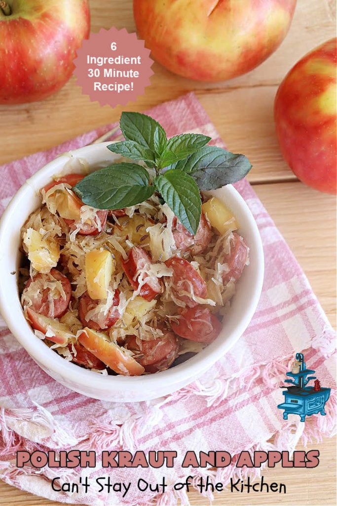 Polish Kraut and Apples | Can't Stay Out of the Kitchen | this quick & easy 6-ingredient #recipe can be whipped up in less than 30 minutes! It uses #beef #PolishSausage rather than pork, & #apples & #sauerkraut along with #CarawaySeeds. This vintage recipe is so flavorful & sumptuous it's sure to become a favorite. #Kielbasa #SmokedSausage #PolishKrautAndApples