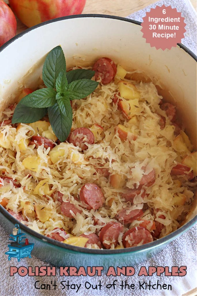 Polish Kraut and Apples | Can't Stay Out of the Kitchen | this quick & easy 6-ingredient #recipe can be whipped up in less than 30 minutes! It uses #beef #PolishSausage rather than pork, & #apples & #sauerkraut along with #CarawaySeeds. This vintage recipe is so flavorful & sumptuous it's sure to become a favorite. #Kielbasa #SmokedSausage #PolishKrautAndApples