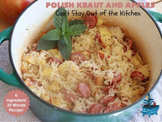 Polish Kraut and Apples | Can't Stay Out of the Kitchen | this quick & easy 6-ingredient #recipe can be whipped up in less than 30 minutes! It uses #beef #PolishSausage rather than pork, & #apples & #sauerkraut along with #CarawaySeeds. This vintage recipe is so flavorful & sumptuous it's sure to become a favorite. #Kielbasa #SmokedSausage #PolishKrautAndApples